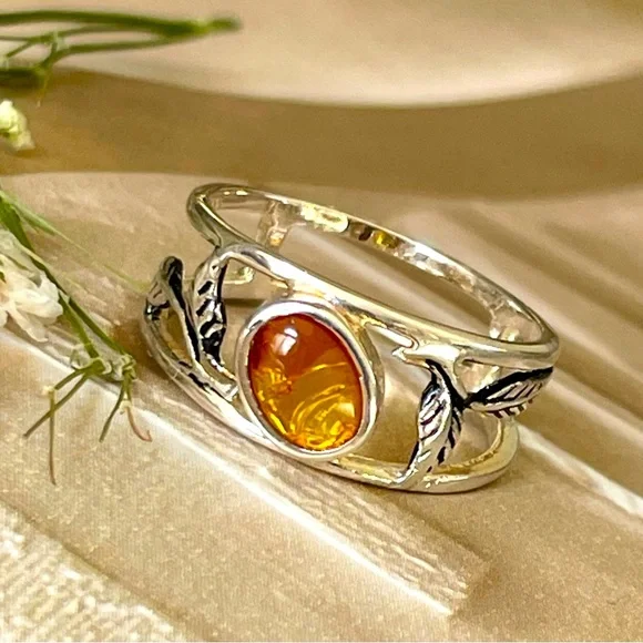 925 Sterling Silver Ring!!pretty folliage Band with Natural carnelian! Us: 7,8,9 - Picture 5 of 15